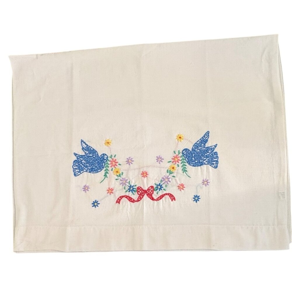 Vintage Bluebird Hand Embroidered Standard Pillowcase Grandmacore